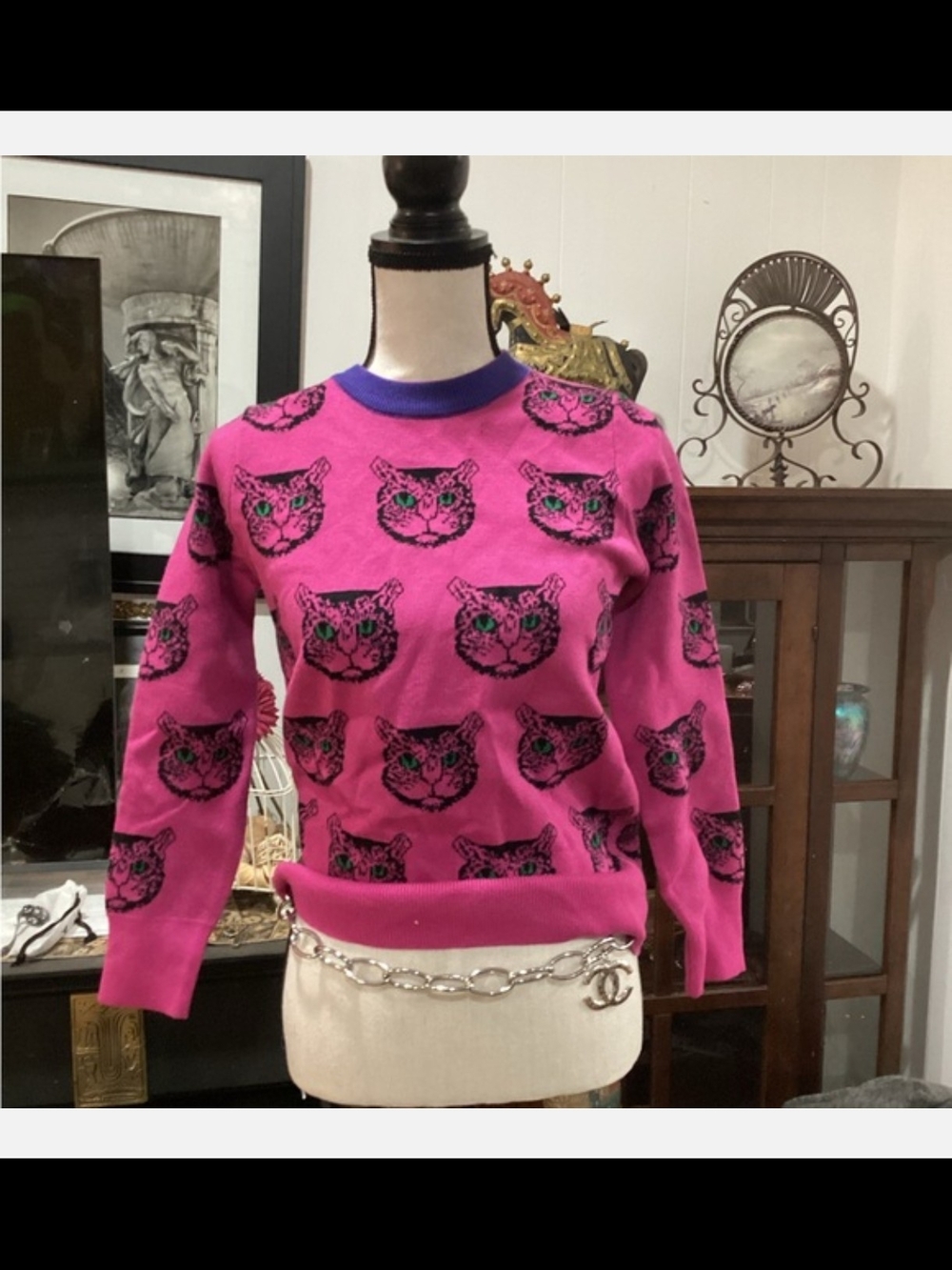 Bright Pink Cat-Print Sweater with Purple Trim